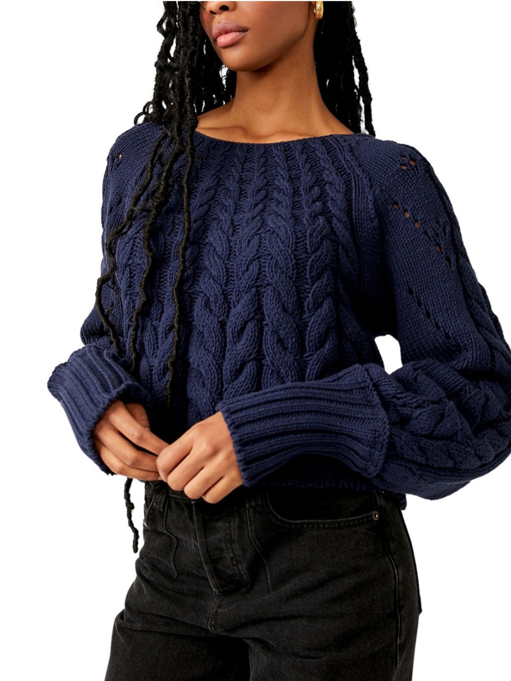 Free People Navy Pointelle and Cable Knit Sweater with Blouson Sleeves - Picture 4 of 13